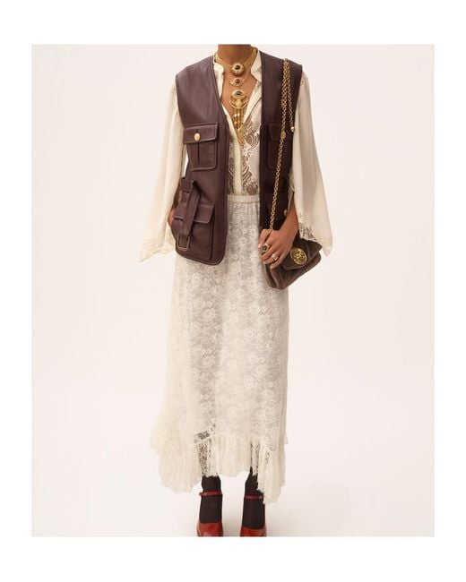 Chloé White Chloé Floral Lace Jacquard Ruffled Midi Skirt