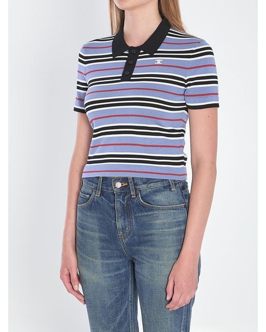 Céline Blue Cotton Knit Polo Shirt With Striped Motif