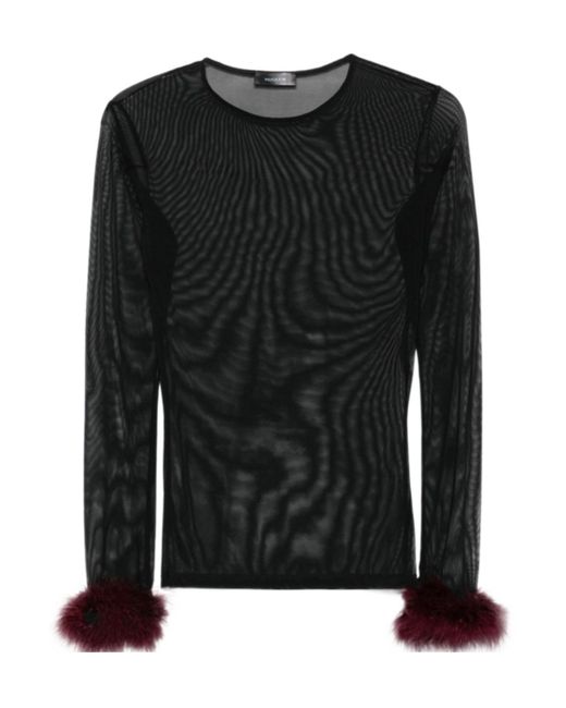 Mugler Black Mesh-Panel Feather-Cuff Top