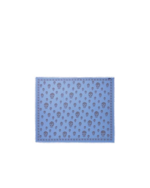 McQueen Blue Classic Skull Printed Frayed-Edeg Scarf for men