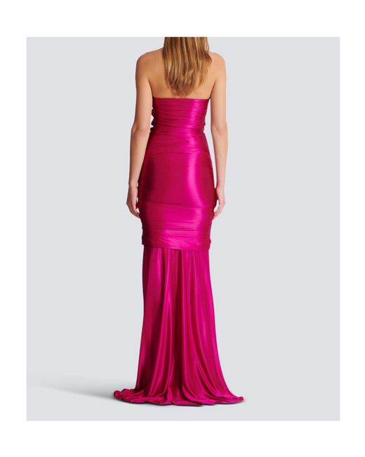 Balmain Pink Long Draped Bustier Dress With Embellished Detail