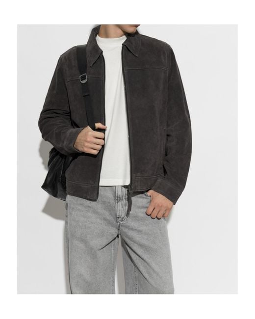 AllSaints Black Collared Long-Sleeved Leather Jacket for men