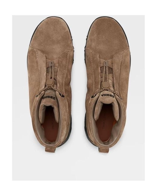 Zegna Brown Triple Stitch Vetta Suede Sneakers for men