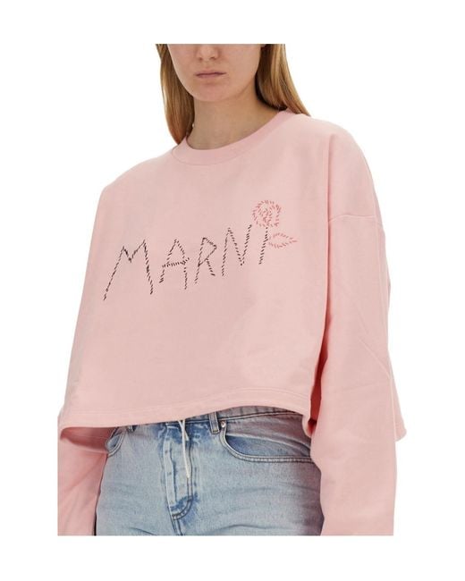 Marni Pink Logo Detailed Cropped Sweatshirt