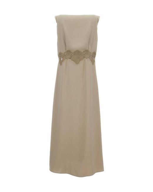 P.A.R.O.S.H. Natural Lace-Detail V-Neck Midi Dress