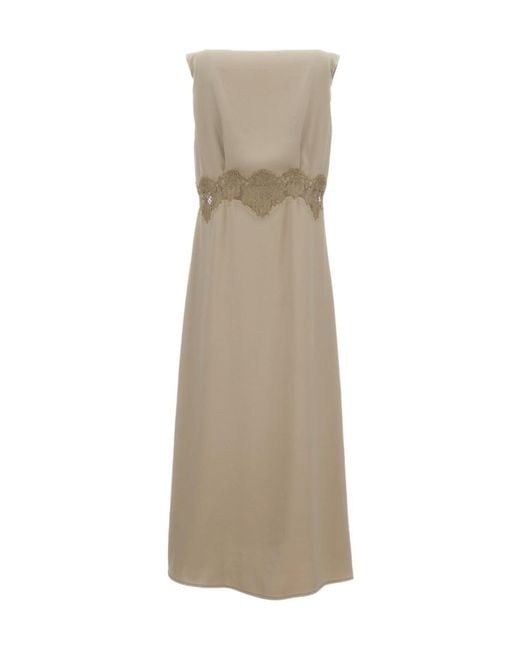 P.A.R.O.S.H. Natural Lace-Detail V-Neck Midi Dress