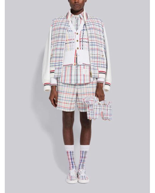 Thom Browne Blue Gingham-Check Drawstring Tweed Shorts for men