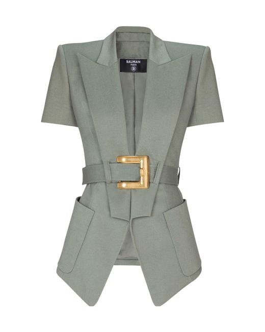 Balmain Gray Belted Gabardine Anthem Jacket