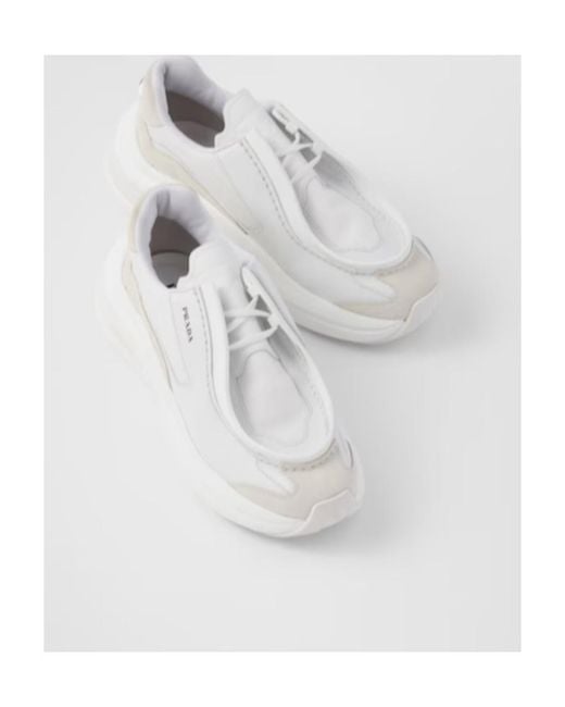 Prada White Brushed Leather Sneakers With Bike Fabric And Suede Elements for men