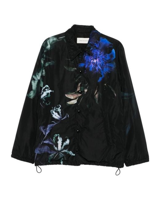 Dries Van Noten Black Drawstring Floral Printed Jacket for men