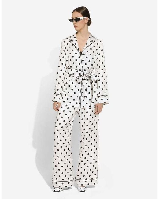Dolce & Gabbana White Silk Polka-Dot Print Shirt