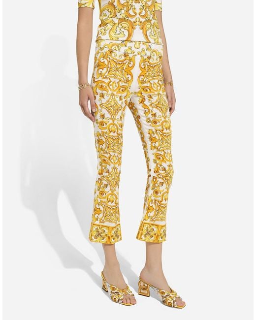 Dolce & Gabbana Metallic Majolica Trumpet-Leg Silk Pants
