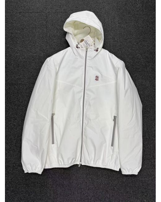 Brunello Cucinelli White Hooded Zip-Fastening Jacket for men