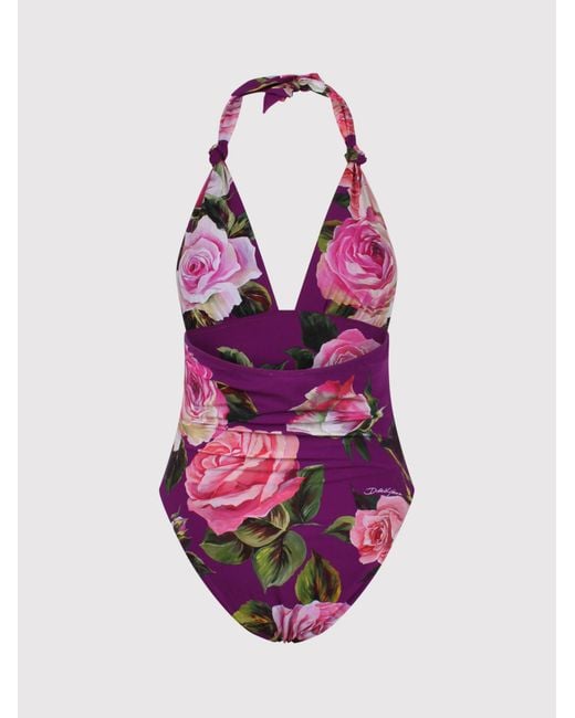 Dolce & Gabbana Pink Rose Printed One-Piece V-Neck Swimsuit
