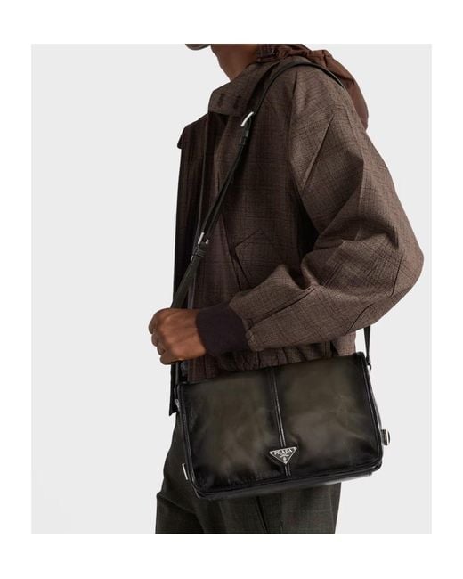 Prada Black Antiqued Leather Shoulder Bag for men
