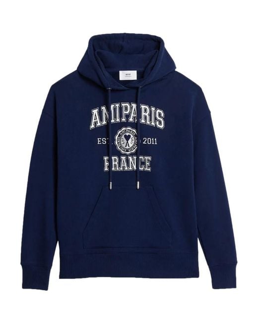 AMI Blue Logo-Printed Long-Sleeved Drawstring Hoodie for men