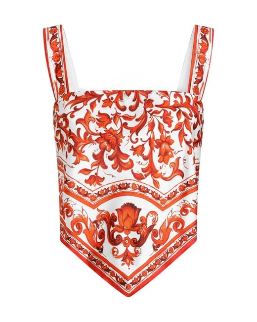 Dolce & Gabbana Red Majolica-Print Silk Twill Bustier Top