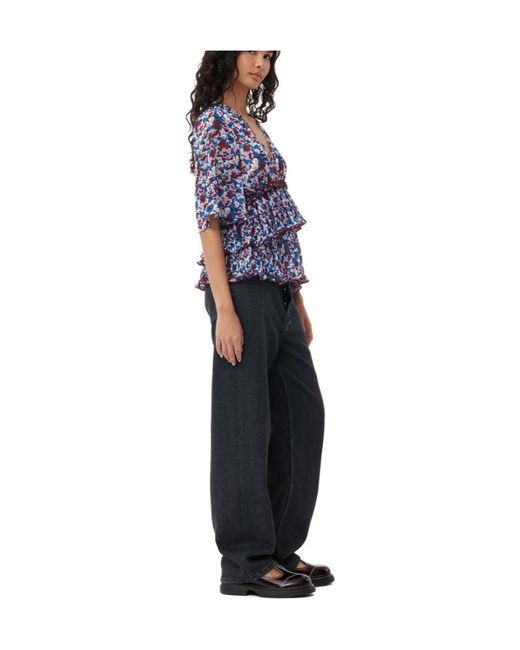 Ganni Blue Top With Floral Motif