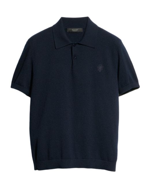 Gucci Blue Knit Cashmere Polo Shirt With Embroidery for men
