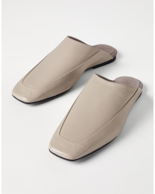 Brunello Cucinelli White Square-Toe Leather Flat Mules