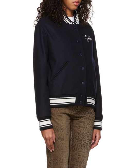 Golden Goose Deluxe Brand Blue Logo Embroidered Striped Baseball Jacket
