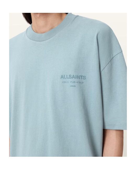 AllSaints Blue Xander Flocked Logo Oversized T-Shirt for men
