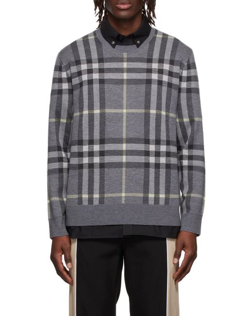 Burberry Gray Check-Pattern Wool-Silk Jumper for men