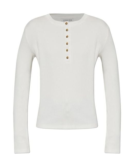 Anine Bing White Alessia Button-Front Ribbed Top