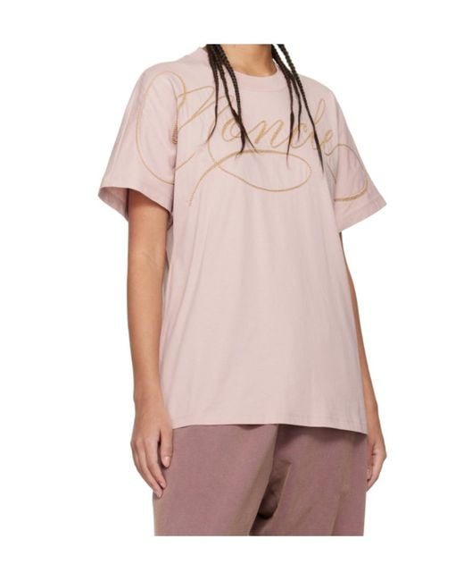 Moncler Pink Embroidered Cursive Logo Crewneck T-Shirt