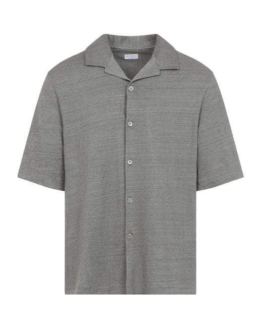 Brunello Cucinelli Gray Linen And Cotton Mélange Jersey Short Sleeve Shirt With Camp Collar for men