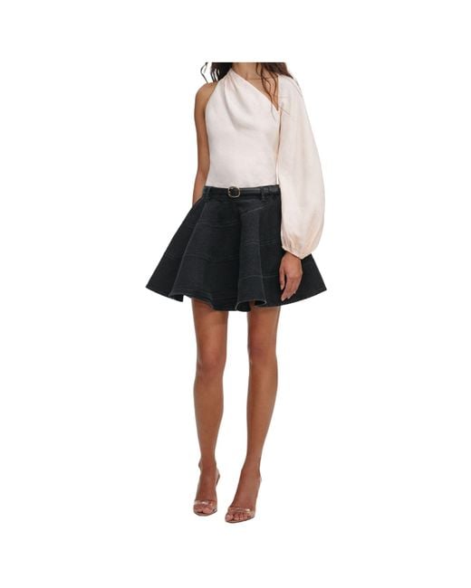 Self-Portrait Black Asymmetric Neck Draped-Sleeve Top