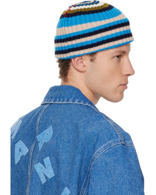 Marni Blue Logo Embroidered Striped Ribbed Beanie for men