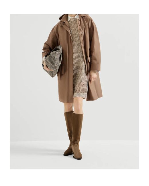 Brunello Cucinelli Brown Techno-Cotton Taffeta Coat With Detachable Hood And Shiny Zipper Pull