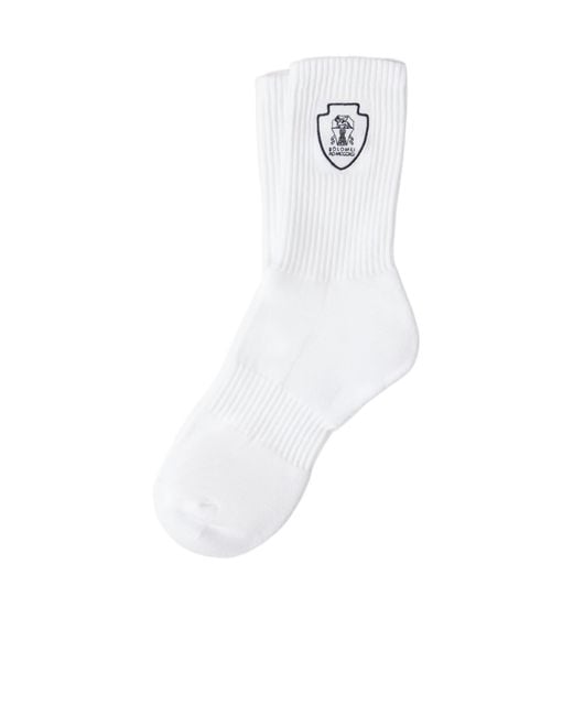 Brunello Cucinelli White Logo Emblem Ribbed Ankle Socks for men