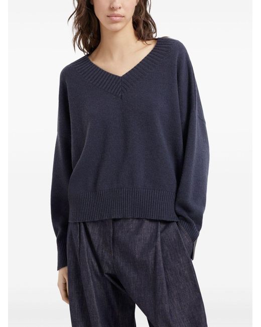 Brunello Cucinelli Blue V-Neck Long-Sleeved Sweater