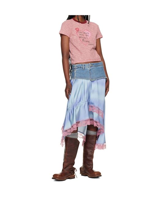 ANDERSSON BELL Blue Denim Patchwork Lace Trim Midi Skirt