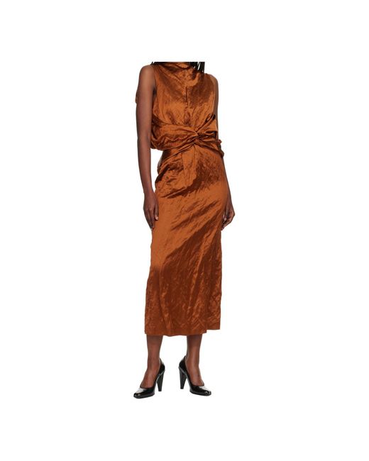 Lanvin Brown Pleated Blend Satin Long Dress
