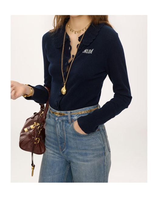 Chloé Blue Chloé Crocheted Collar Button-Up Cardigan
