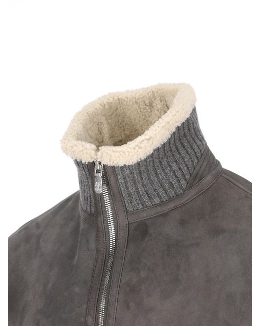 Brunello Cucinelli Gray Shearling Collar Zip Jacket for men