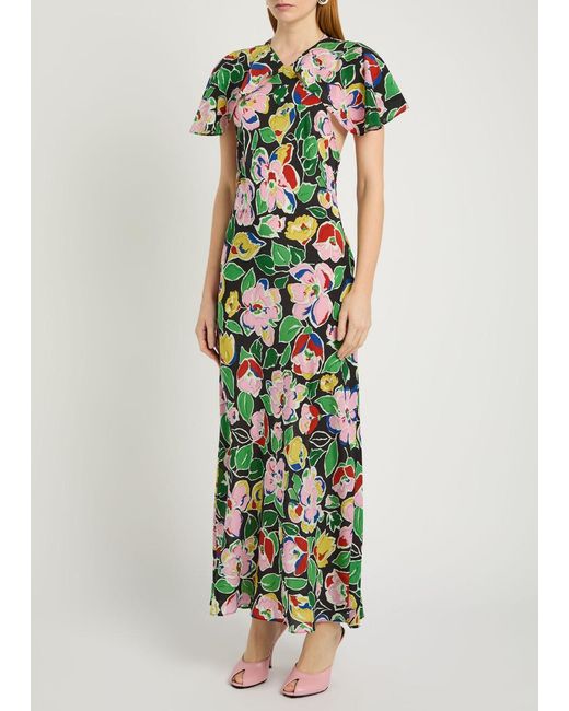 Rixo Green Aryella Floral Silk Midi Dress