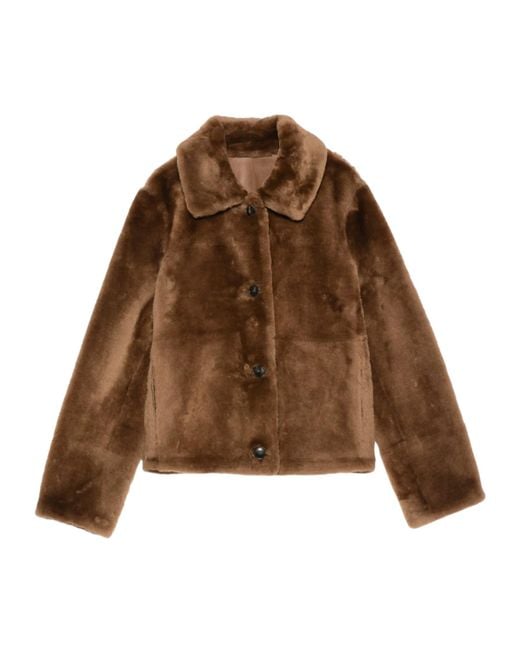 Yves Salomon Brown Button-Fastening Shearling Jacket