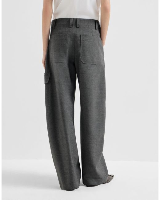 Brunello Cucinelli Gray Virgin Wool Twill Cargo Barrel Trousers With Monili