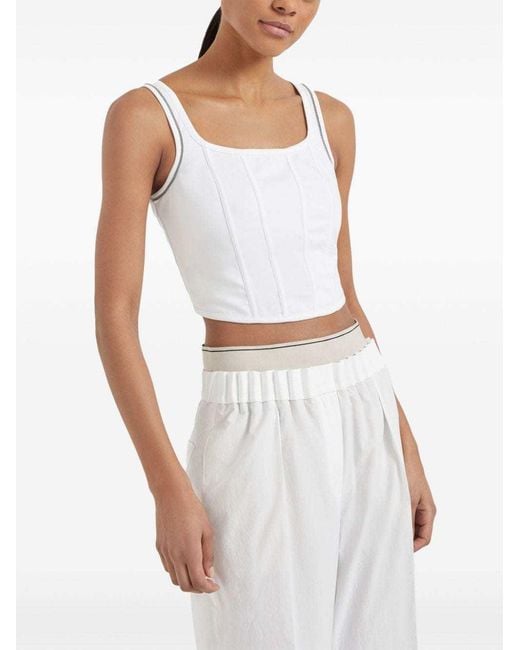 Brunello Cucinelli White Square Neck Cropped Top