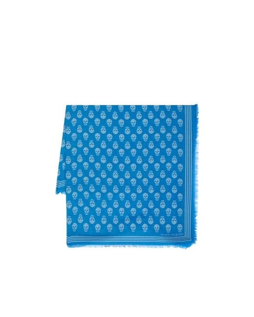 McQueen Blue Skull-Printed Fringed Scarf