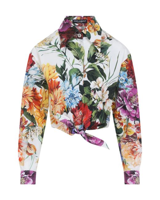 Dolce & Gabbana White Floral Printed Cropped Blouse