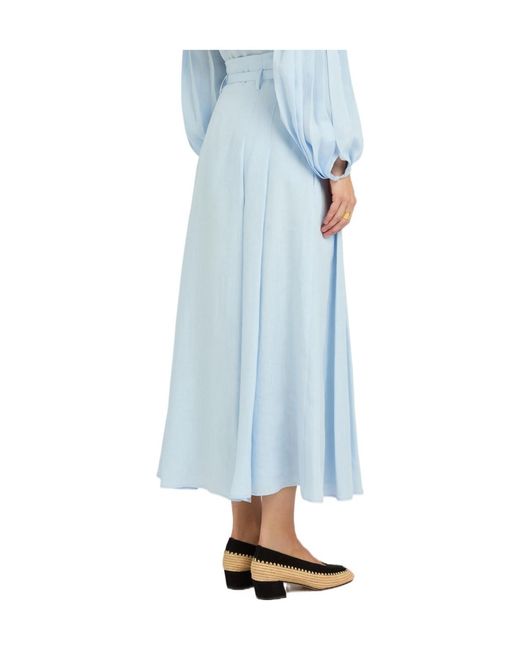 Gabriela Hearst Blue Belted Pleated Linen Midi Skirt