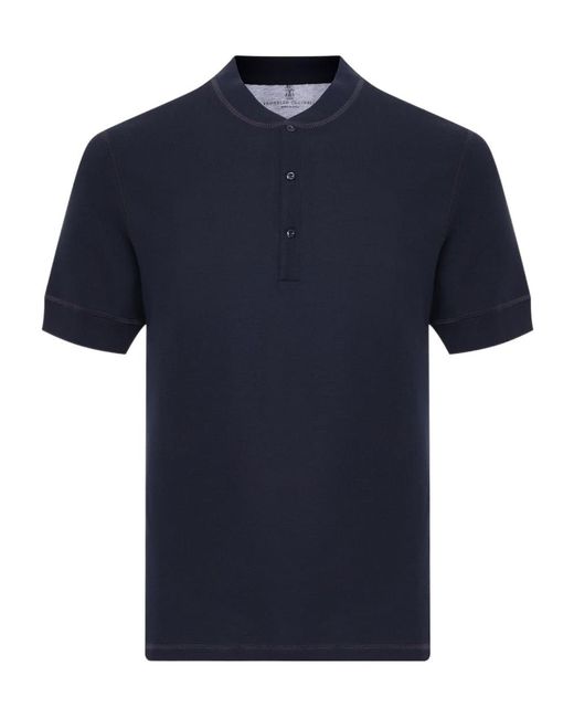 Brunello Cucinelli Blue Waffle-Pattern Henley-Collar Polo Shirt for men