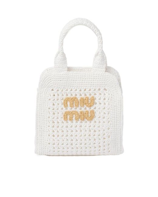 Miu Miu White Raffia-Effect Crochet Fabric Tote Bag