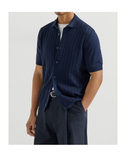 Brunello Cucinelli Blue Short Sleeved Knitted Shirt for men