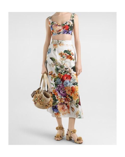 Dolce & Gabbana White Floral-Print Midi Skirt